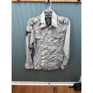Roar Mens Grey Embroidered Cross Back Button Down Shirt Epaulettes Size M